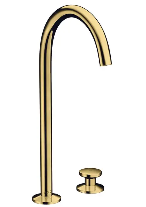 Waschtischmischer in Polished Gold Optic von AXOR mit hoher, gebogener Auslaufform und Push-Open Ablaufgarnitur.